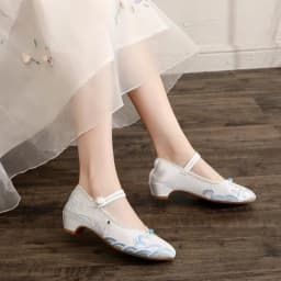 Embroidered Pointed Toe Women Mary Jane Pumps Ethnic Vintage Dress Shoe for Ladies Mid Heel Ankle Strap Dance Shoe