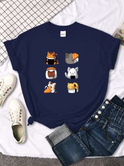 T-Shirt Cartoon Lovely Sushi Cat Printing Womens T Shirt Casual Tshirts For Women Hip Hop Gothic Women Short Sleeve Tops