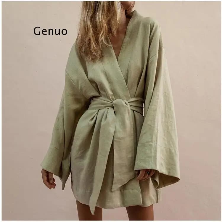 Lace Up Women's V-Neck Kimono Cardigan Mini Dress Cotton Linen Long Sleeve Sashes Dresse Robe Style Summer Loose Vestidos