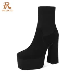 2021 High Heels Women's Boots Female Thick Platform Shoes Flock Ankle Boots Concise Solid Women Shoes Pink Black Autumn Winter