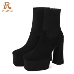 2021 High Heels Women's Boots Female Thick Platform Shoes Flock Ankle Boots Concise Solid Women Shoes Pink Black Autumn Winter