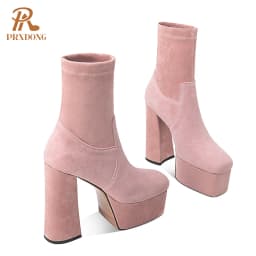 2021 High Heels Women's Boots Female Thick Platform Shoes Flock Ankle Boots Concise Solid Women Shoes Pink Black Autumn Winter