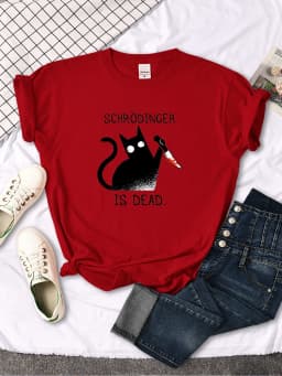 Females T-Shirts Schrodinger Is Dead Cartoon Black Cat Print T Shirt Women Oversized Soft Snug Loose Tees Comfortable Funny Tops