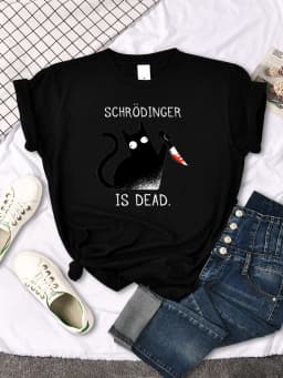 Females T-Shirts Schrodinger Is Dead Cartoon Black Cat Print T Shirt Women Oversized Soft Snug Loose Tees Comfortable Funny Tops