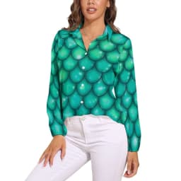Colorful Mermaid Blouse Aqua Blue Scales Office Print Blouses Women Long-Sleeve Casual Shirts Summer Oversized Clothing 2XL 3XL