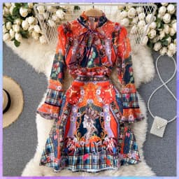 Retro Printed Elegant Dresses For Women Flare Sleeve Ruffles Ladies Holiday Party Dinner Female Dress Vestidos Платье Женское