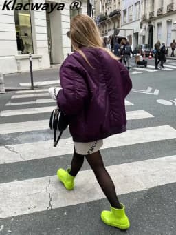 Klacwaya Bomber Jacket For Women 2022 Khaki Green Bomber Coat Women Padded Jacket Oversized Casual Jackets
