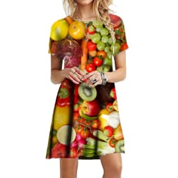 Colorful Fruits And Vegetables Print Dresses Women 2023 Fashion Short Sleeve Oversized Clothing Summer Casual Loose Mini Dress