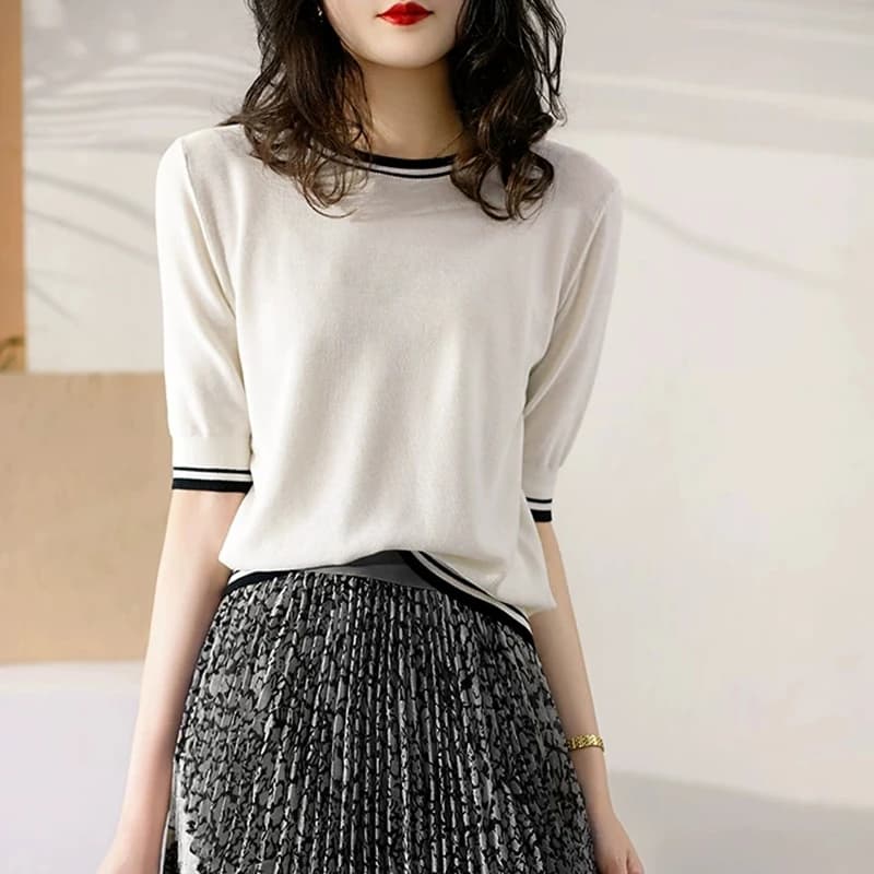 Temperament wind ice silk knit short sleeve women thin osmanthus needle pure cotton line T shirt summer bottom jacket