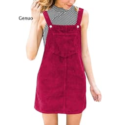 Women Corduroy Straight Suspender Mini Bib Overall Casual Pocket Dress Button Knee-length lovely Solid color Dress