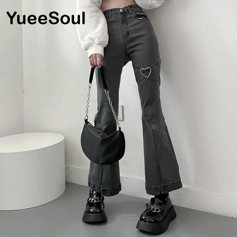 Love Metal Gray Women Jenas High Waist Flares Pants 2025 New Fashion Y2K Vintage Cute Sweet Casual 2000s E girl Female Clothes