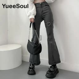 Love Metal Gray Women Jenas High Waist Flares Pants 2025 New Fashion Y2K Vintage Cute Sweet Casual 2000s E girl Female Clothes