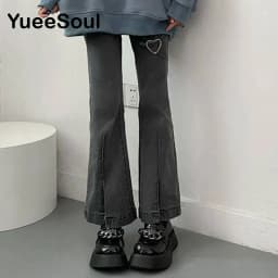 Love Metal Gray Women Jenas High Waist Flares Pants 2025 New Fashion Y2K Vintage Cute Sweet Casual 2000s E girl Female Clothes
