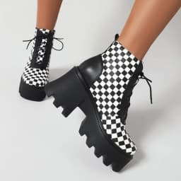 Black And White Checkerboard Square Toe Cutout Chunky Heel High Platform Short Boots Cross Lace-Up Mixed Colors Ankle Boots