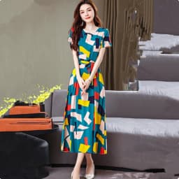UHYTGF Fashion Womens 5XL Big Size Dress Short Sleeves Cotton Silk Printed Summer Dress Soft Comfortable Big Swing Dresses 2118
