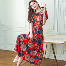 UHYTGF Fashion Womens 5XL Big Size Dress Short Sleeves Cotton Silk Printed Summer Dress Soft Comfortable Big Swing Dresses 2118