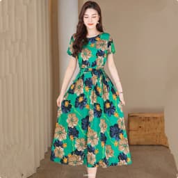 UHYTGF Fashion Womens 5XL Big Size Dress Short Sleeves Cotton Silk Printed Summer Dress Soft Comfortable Big Swing Dresses 2118