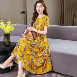 UHYTGF Fashion Womens 5XL Big Size Dress Short Sleeves Cotton Silk Printed Summer Dress Soft Comfortable Big Swing Dresses 2118