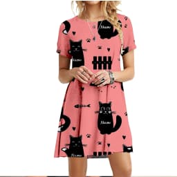 Cute Fashion Cartoon Cats Dresses For Women 2022 Short Sleeve Summer Loose Clothing Oversized Street Casual Pattern Print Dress