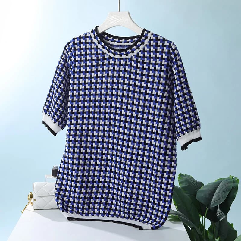 Women New Summer 100% Cotton Sweater T-shirt Fashion Short-sleeve O-Neck Pullover Tees Korea Casual Knitted Color Stripe Tops