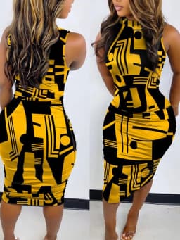 Elegant Women's Round Neck Bodycon Midi Dress Summer Fashion Printed Sleeveless Slim Fit Pullover Nightclub Party Dresses