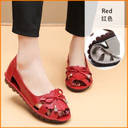 Lorilury Red Bowtie Peep Toe Summer Sandals Women Breathable Leather Moccasin Female Ladies Wedges Elegant Shoes Big Size 41 42
