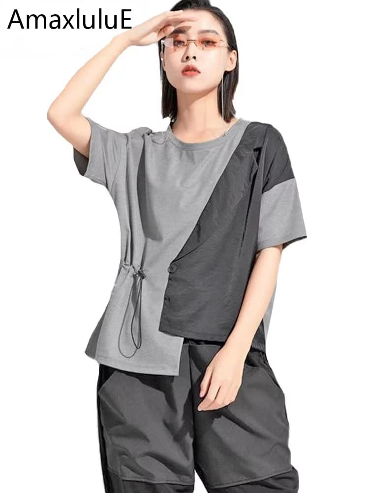 Amax LuluE 2024 British Summer Style Clothes Ladies Grey Punk Tshirts Women O-Neck Casual Tee Shirts Oversized Short Sleeve Tops