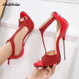 Crossdresser Luxurious Summer Red Sandals 16cm Thin High-heeled Wedding Shoes Woman Female Buckle Sequins Steel Pipe Dance Pumps