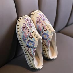 Flat Heeled Embroidered Casual Slippers for Women Cotton Fabric Ethnic Slides Ladies Closed Toe Retro Mules Outdoor Summer Shoes