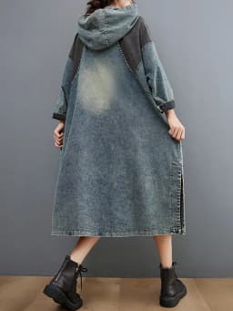 Amax luluE Autumn Womens Loose Vintage Hooded Design Denim Dresses European Style Casual Patchwork Long Vestidos Pockets Dress