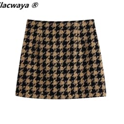 Klacwaya Tweed Set woman Two-Pieces Chic Plaid Suits With Skirt Women Autumn 2021 High-Waisted Skirt Cropped Blazer Sets