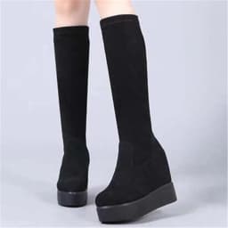 Autumn Winter Warm Wedges Knee High Boots Inner Increase Women's Round Toe Elastic Boots Long Tube Muffin Bottom Female Shoes