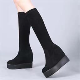 Autumn Winter Warm Wedges Knee High Boots Inner Increase Women's Round Toe Elastic Boots Long Tube Muffin Bottom Female Shoes