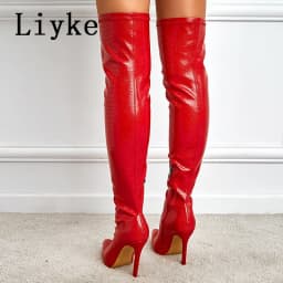 Liyke Sexy Red Snake Print Leather Over The Knee Boots Women Stiletto Heels Pumps Fashion Pointed Toe Zip Thigh High Shoes Lady