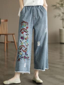 Amax luluE 2025 Womens Luxury Spring Loose Embroidery Wide Trousers Holes Leisure Jeans Females Classic Vintage Punk Denim Pants