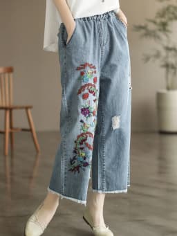 Amax luluE 2025 Womens Luxury Spring Loose Embroidery Wide Trousers Holes Leisure Jeans Females Classic Vintage Punk Denim Pants