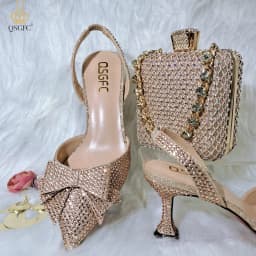 QSGFC Crystal Decoration Style Wine Glass Heel Shoes Friends Party Shoes Nigerian Fashion Peach Ladies Shoes And Bag For Party