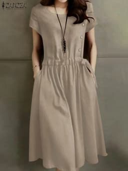 ZANZEA Summer Vintage Cotton Dress Women Short Sleeve Solid Drawstring Waist Sundress Fashion Casual Knee-length Vestidos Kaftan