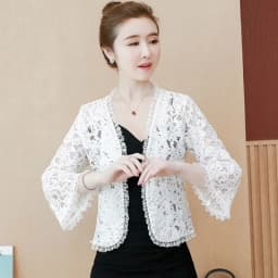 Women's Lace Top Sun Protection Short Jacket Spring and Summer Lace Cardigan Korean Thin Plus Size Bead Hollow Out Small Shawl