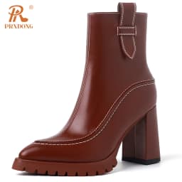 PRXDONG New Brand Genuine Leather Shoes Woman ANkle Boots Chunky High Heels Platform Black Brown Zipper Dress Party Lady Shoes