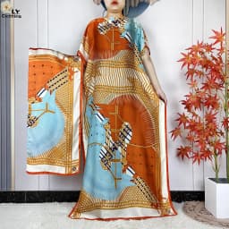 2023 New Dubai Style Fashion Women Clothing African Dashiki Abaya Soft Silk Print Design Islam Femme Loose Dress With Turban