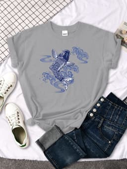 Tshirt For Woman Paper Cut Koi Good Luck Printing Womens T Shirt Kawaii Fashion Women Top Roud Neck Breathable Tshirts For Women