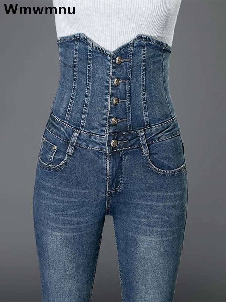 Sexy Super High Waist Skinny Pencil Jeans Women Streetwear Button Fly Denim Pants Korean Stretch Vaqueros Big Size 36 Pantalones