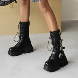 Oversized Punk Style Metal Bat Buckle Embellished Women's Mid-Tube Boots High Waterproof Platform Cross-Lace Motorcycle Boots