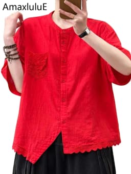 Amax LuluE 2026 Korean Summer Womens Fashion Loose Lace Shirts Casual Cotton Tops Ladies Classic Elegant Vintage Solid Blouses
