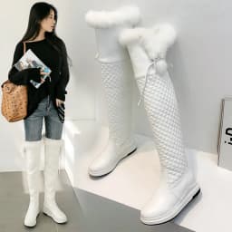 Solid Geometric Pattern Rabbit Hair Winter Long Boots Thick Soled Flat Heel Warm Plush Inner Snow Boots Lace Over The Knee Boots