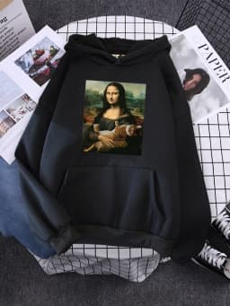 Hoodie Mona Lisa And Cat Hoodies For Women Harajuku Aesthetic Fall Womens Clothing Oversized Oversized Sweatshirt Female