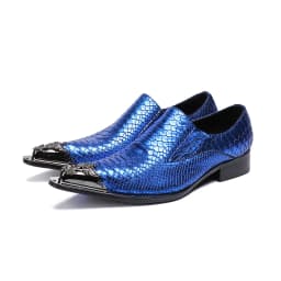 Christia Bella Blue Men Genuine Leather Shoes Metal Pointed Toe Party Club Dress Shoes Fashion Business Man Shoes Big Size