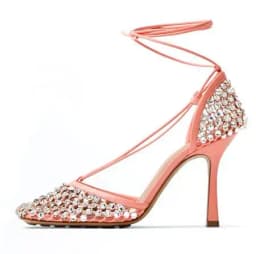 Luxury Woman Black Apricot Pink Bling Diamond Crystal Hollow Out Mesh Square Toe Sandals Female Lace Up Stiletto Heels Shoes