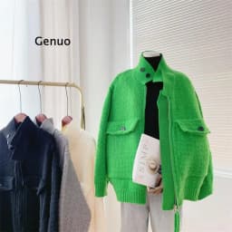 Women Fashion Oversized Jacket Women Girl Fall Winter Full Sleeve Knitted sweaters Jacket Stand Neck Basic Knitwear Short Coats